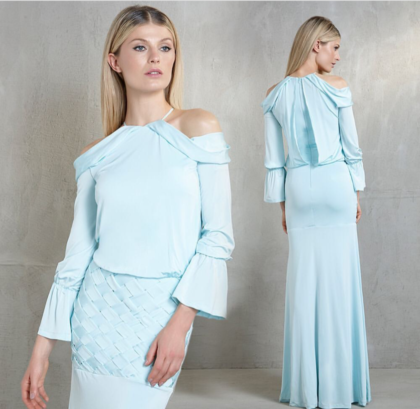 Aqua Blue Braided Long Sleeves Gown | Small |