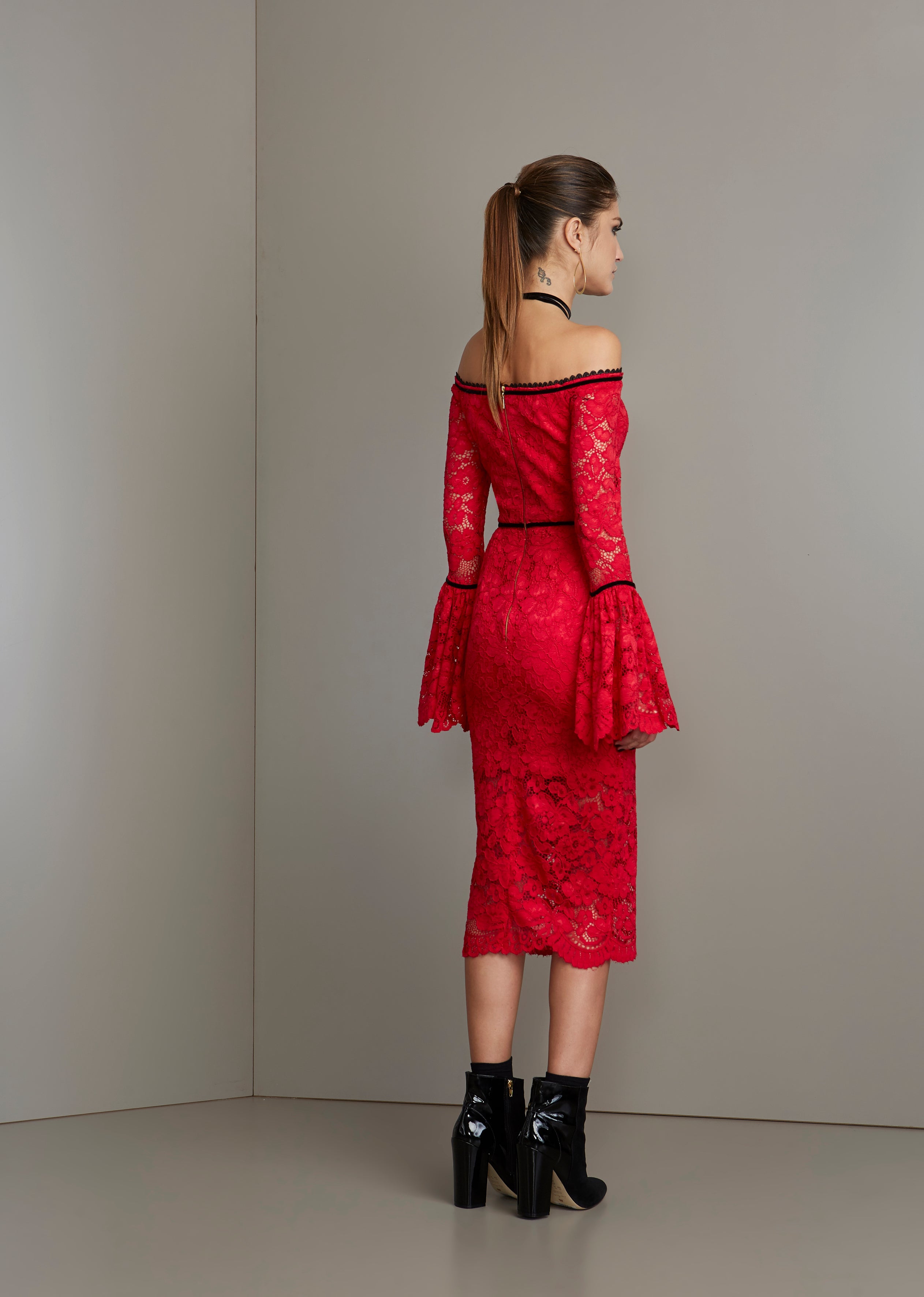 RED LACE W/ BLACK VELVET DETAIL DRESS
