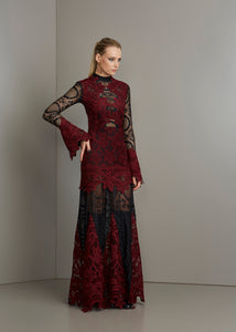 BURGUNDY & BLACK LACE BELL SLEEVES EXTEND LACE DRESS