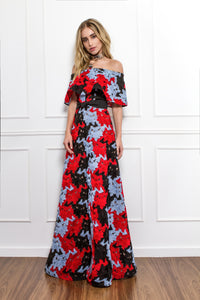 BLACK BLUE AND RED OFF SHOULDER LACE GOWN