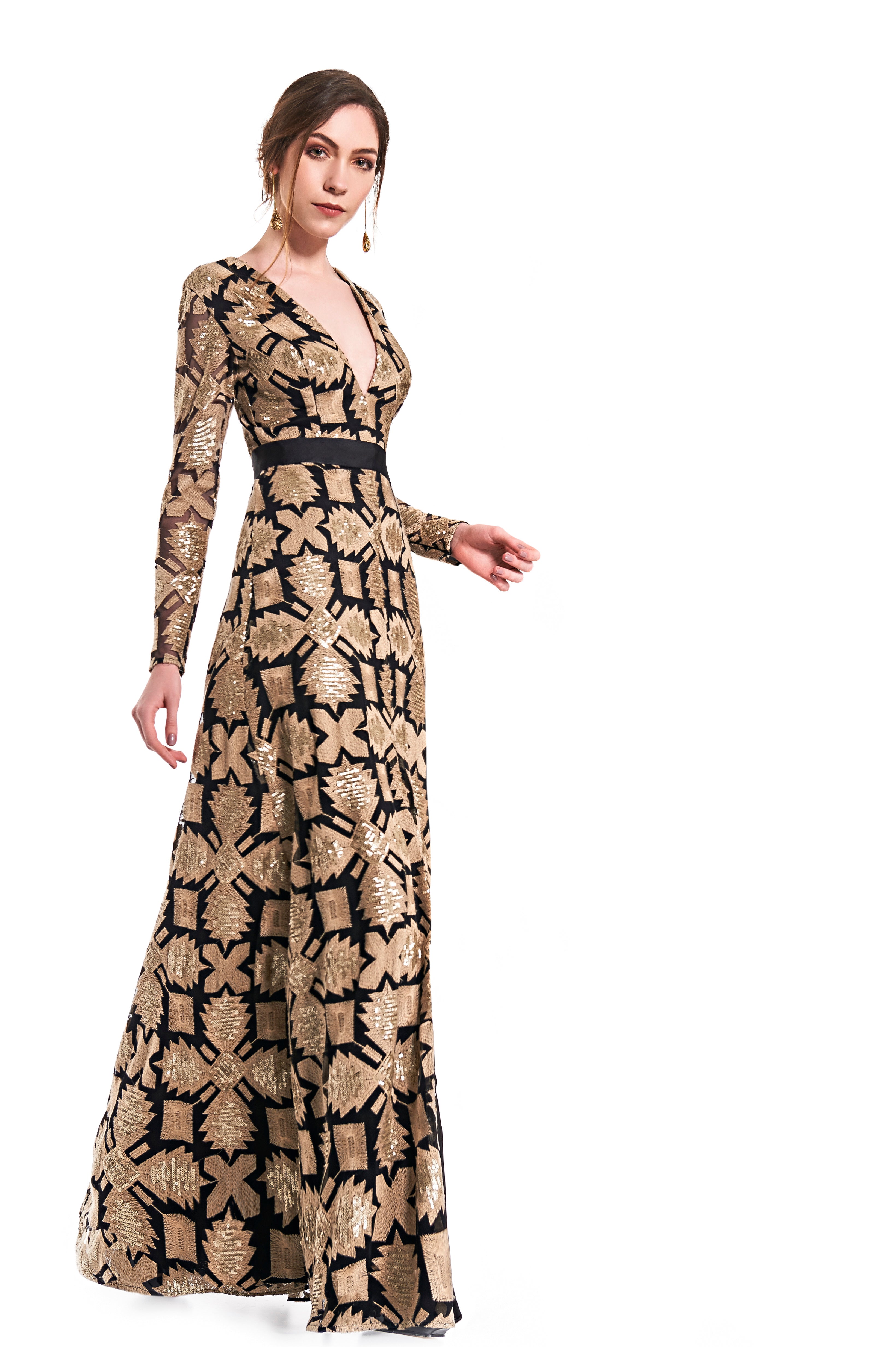 BLACK AND GOLD LACE GOWN