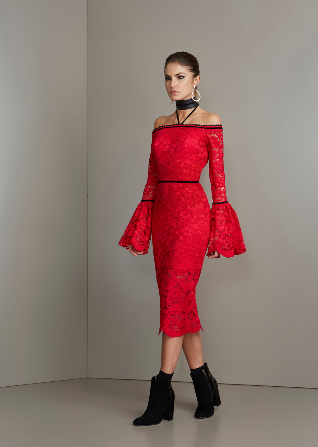 RED LACE W/ BLACK VELVET DETAIL DRESS