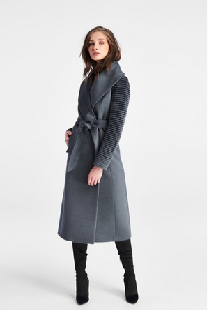 Long Shawl Collar Wrap Coat w/Ribbed Sleeves in Charcoal