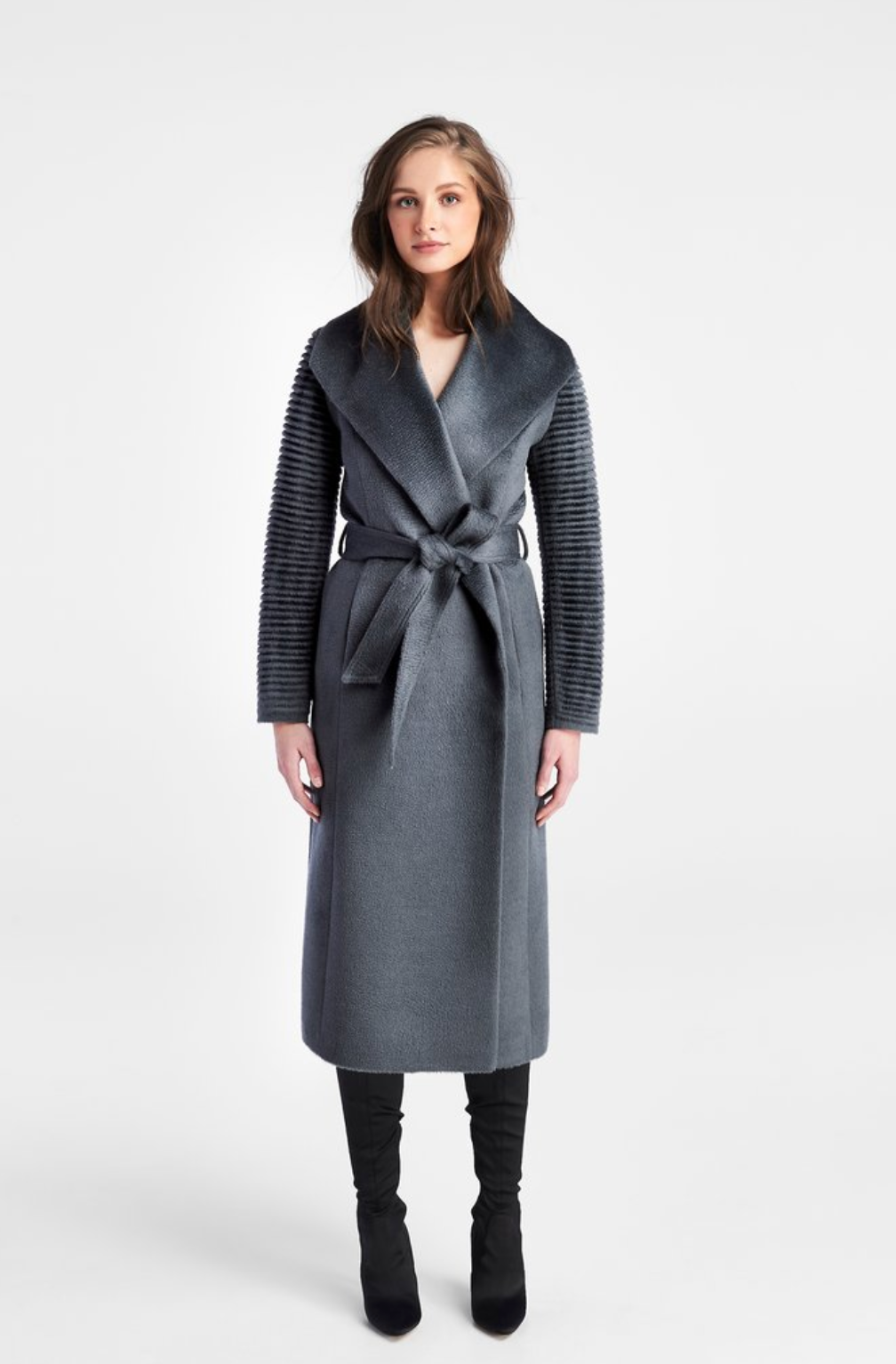 Long Shawl Collar Wrap Coat w/Ribbed Sleeves in Charcoal