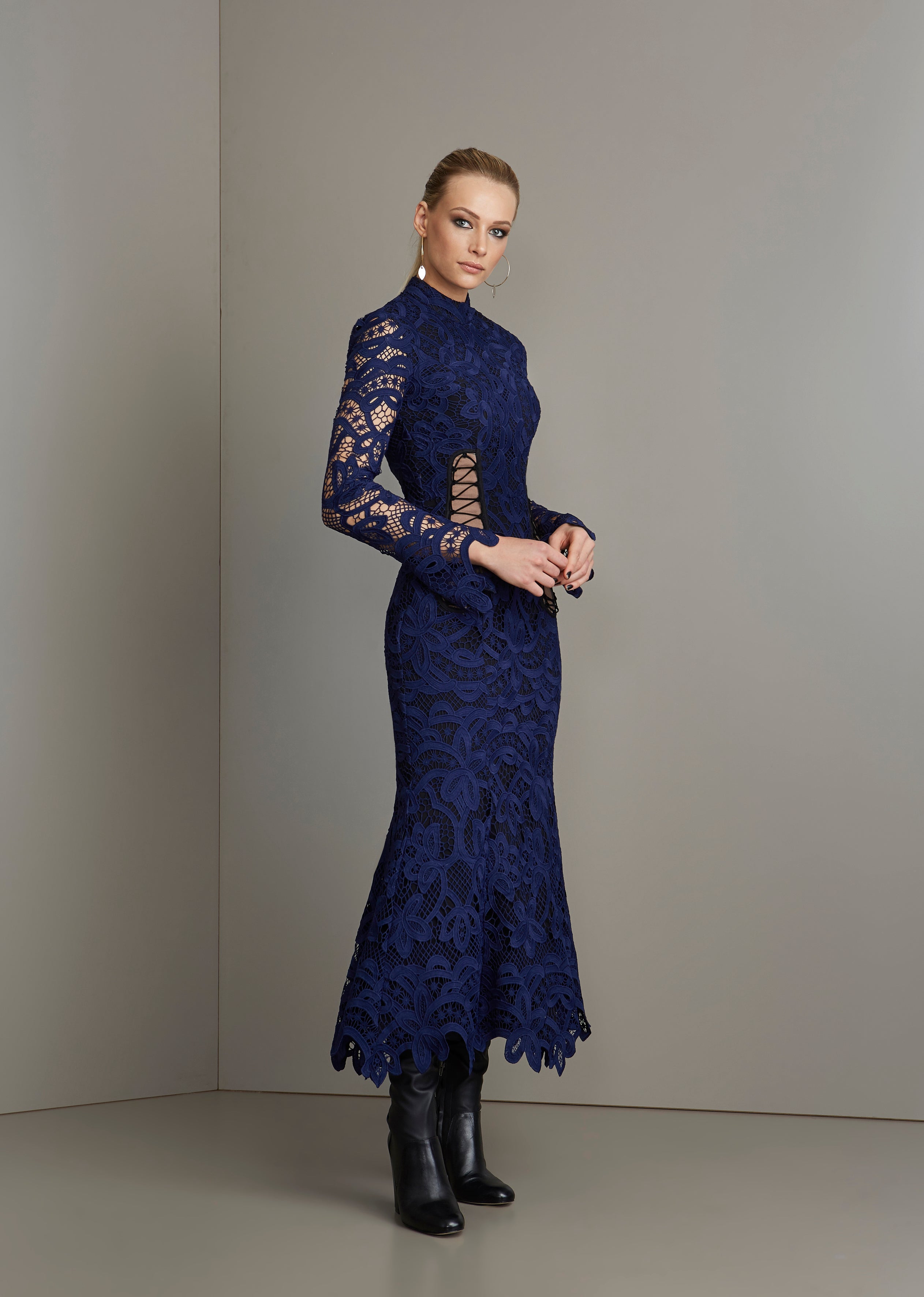 Navy blue lace long sleeves dress