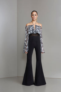 Black with grey peacock print jumpsuit
