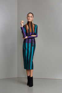 Green purple and brown striped turtle neck dress