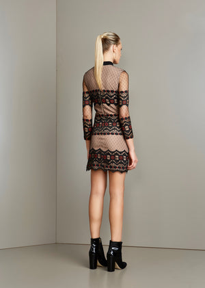 BLACK MESH W/ EMBROIDERY RED & BLACK LACE DRESS