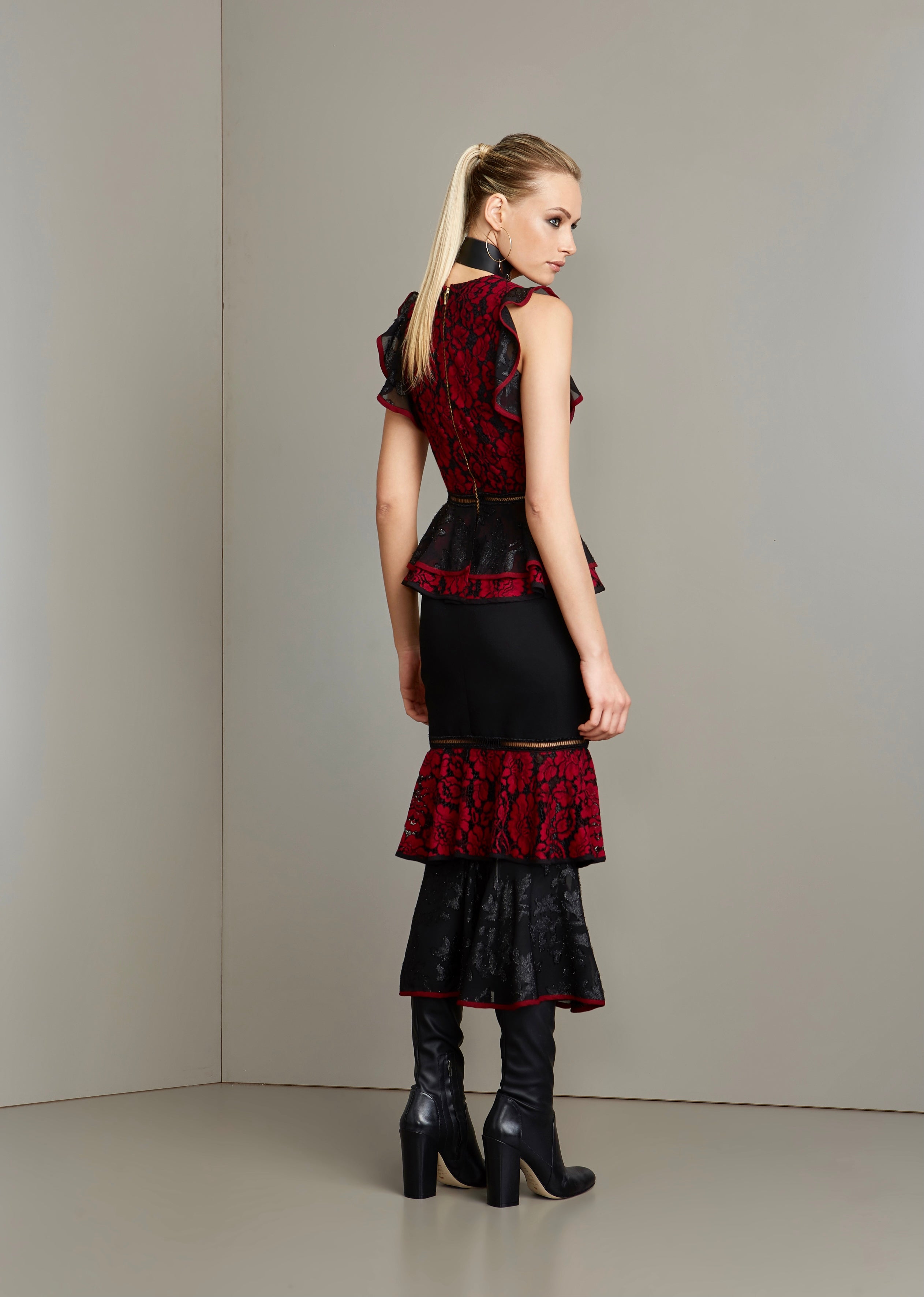 RED & BLACK LACE RUFFLE SLEEVES MID DRESS