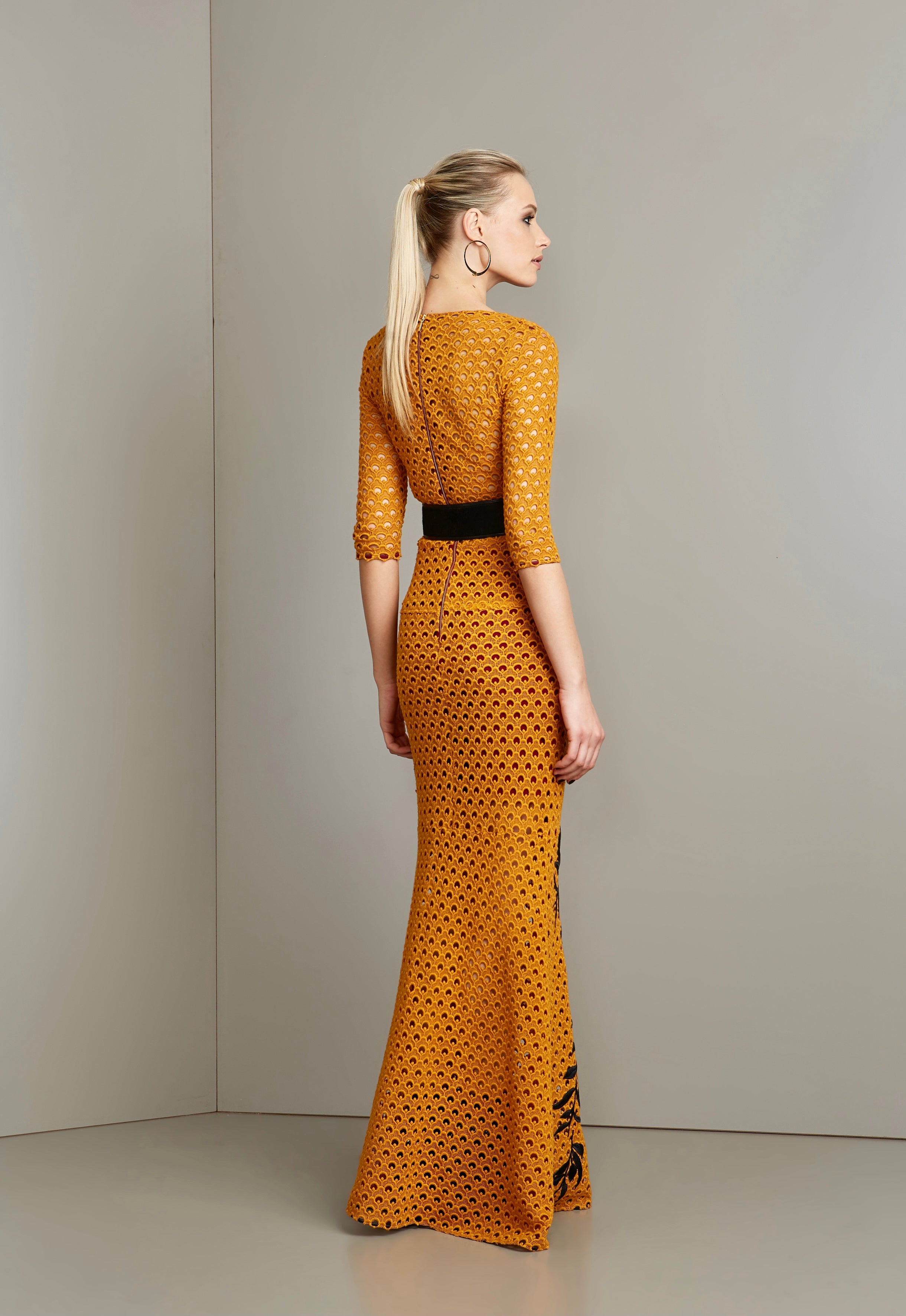 MUSTARD LACE W/ BLACK EMBROIDERY GOWN