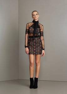BLACK MESH W/ LACE BLACK & RED TIE DETAIL BLOUSE AND SKIRT